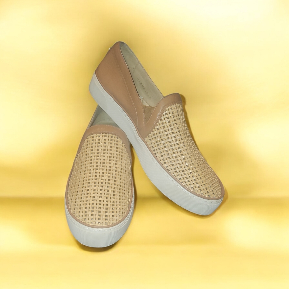 Stuart Weitzman Tan and Cream Slip-On Sneakers Leather Size 8.5 Good Condition